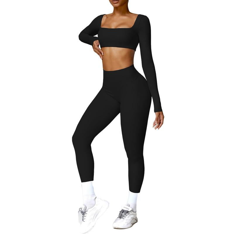 Kabuer Women'S Workout Set - Twist Front Long Sleeve Crop Top and High Waist Flared Leggings Tight Fit Summer Lounge Sweatsuits Sports Clothes