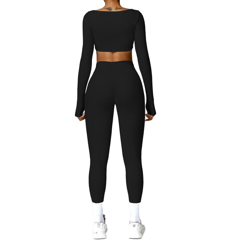 Kabuer Women'S Workout Set - Twist Front Long Sleeve Crop Top and High Waist Flared Leggings Tight Fit Summer Lounge Sweatsuits Sports Clothes